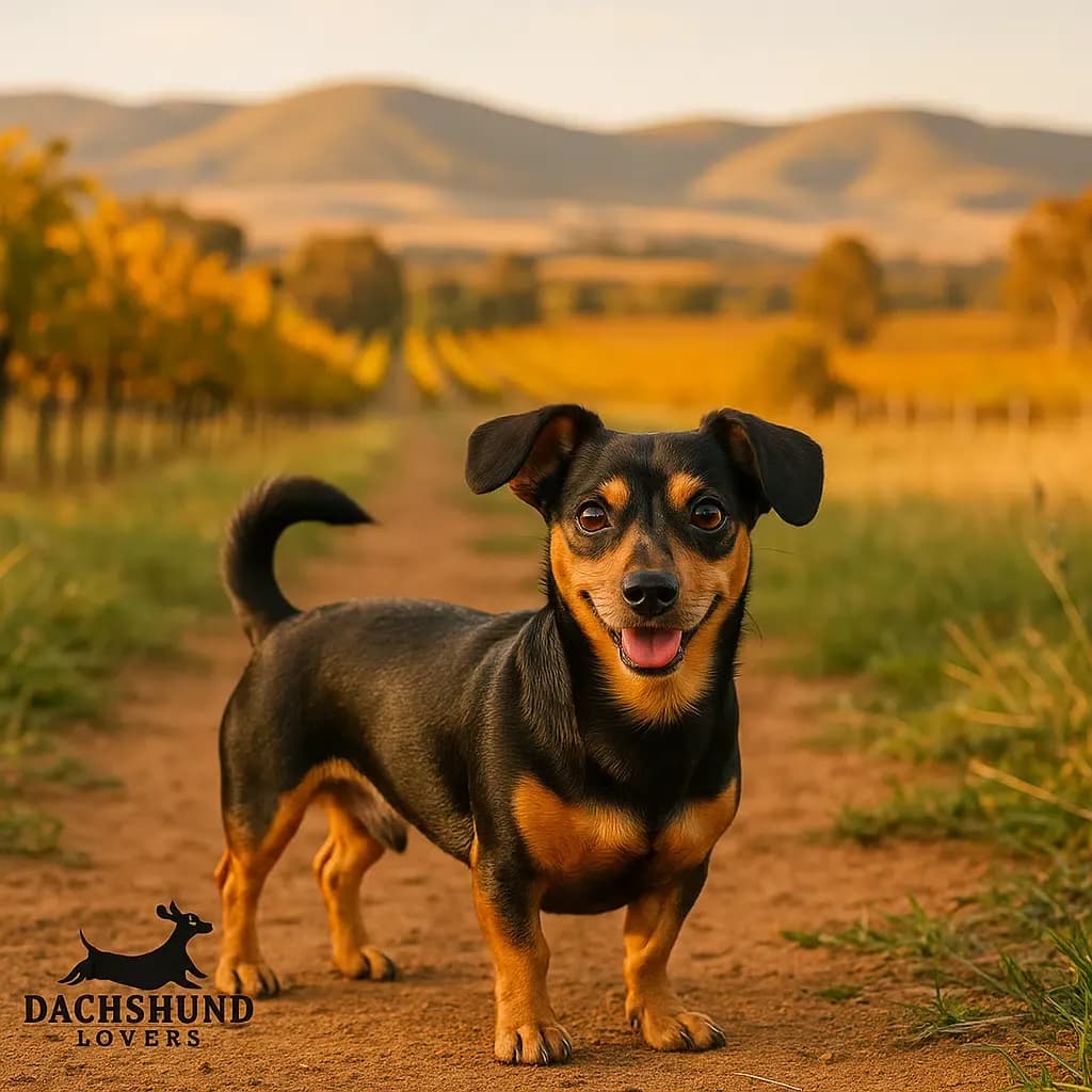 Chiweenie standing on a vineyard path in Mudgee, Australia, with rolling hills and grapevines in the background during golden hour.
