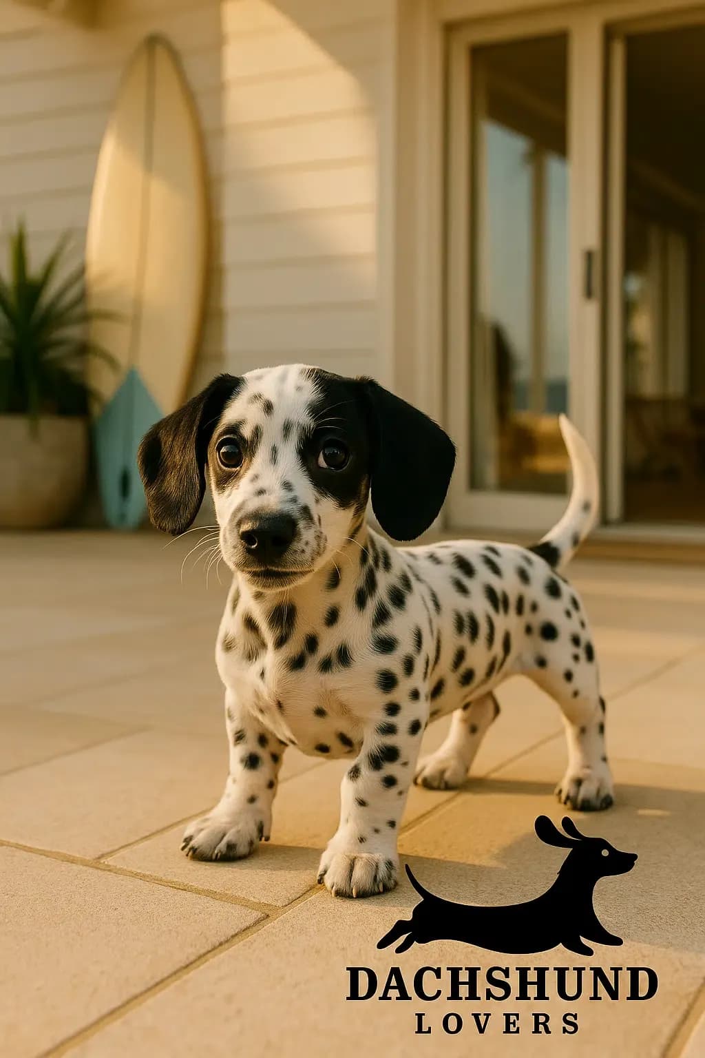 A Dachshund Dalmatian mix puppy with a long dachshund body and Dalmatian spots standing on a coastal-style patio at a home in Cronulla, with a surfboard in the background and the Dachshund Lovers logo in the corner.