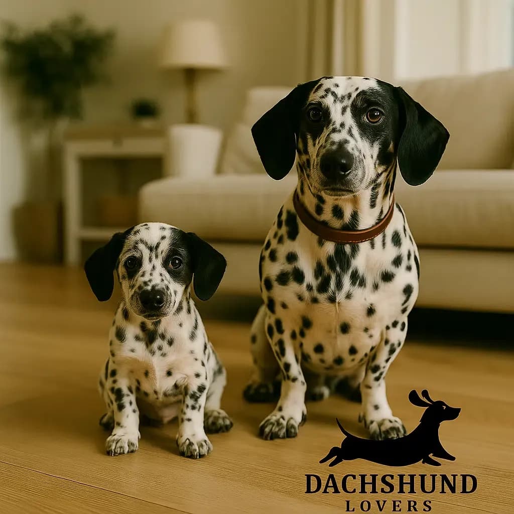 A Dachshund Dalmatian mix puppy sits beside a mature adult Dachshund Dalmatian mix in a cozy living room with wooden floors and natural light, featuring the Dachshund Lovers logo.
