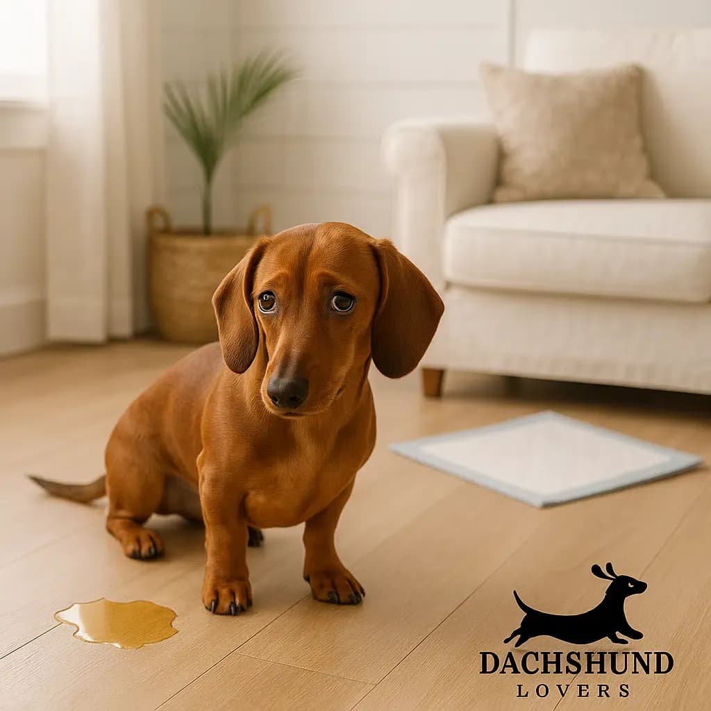 A close-up of a small, brown Dachshund puppy standing on a white and blue quilted puppy pad on a wooden floor inside a well-lit living room. The puppy has a glossy coat and is looking intently up and to the right. A silver food bowl is visible behind the puppy, and a white upholstered sofa is in the background. A black and white logo with a running Dachshund and the text "DACHSHUND LOVERS" is in the lower right corner.