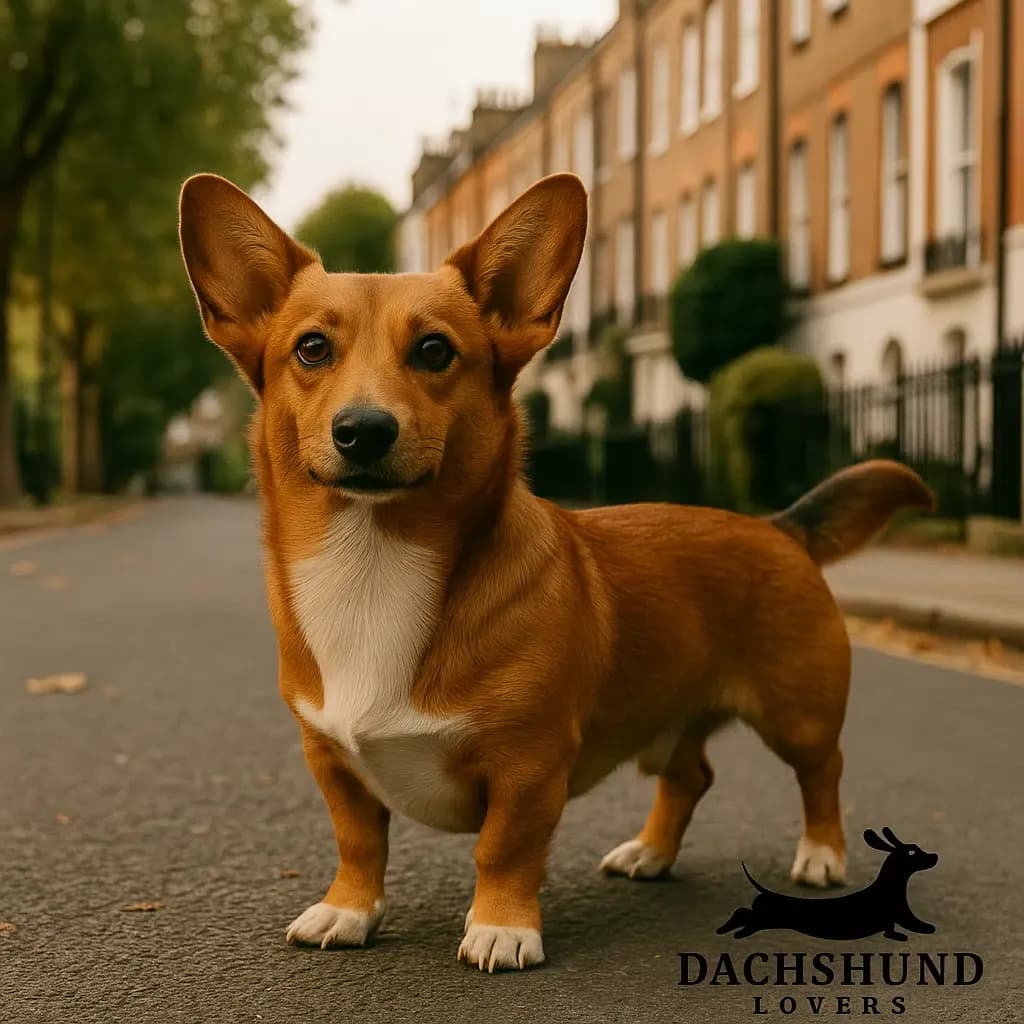 A Dorgi, a Dachshund and Corgi mix with a reddish-brown coat and upright ears, stands on a residential street in Fulham, London, with the Dachshund Lovers logo in the corner.