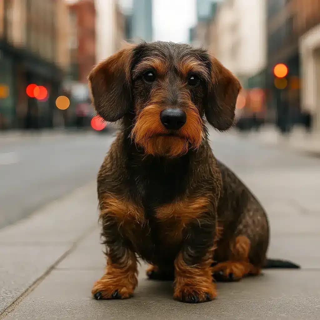 A Wire-Haired Dachshund with a rough brown and gray coat sits confidently on a city footpath surrounded by modern buildings and streetlights.