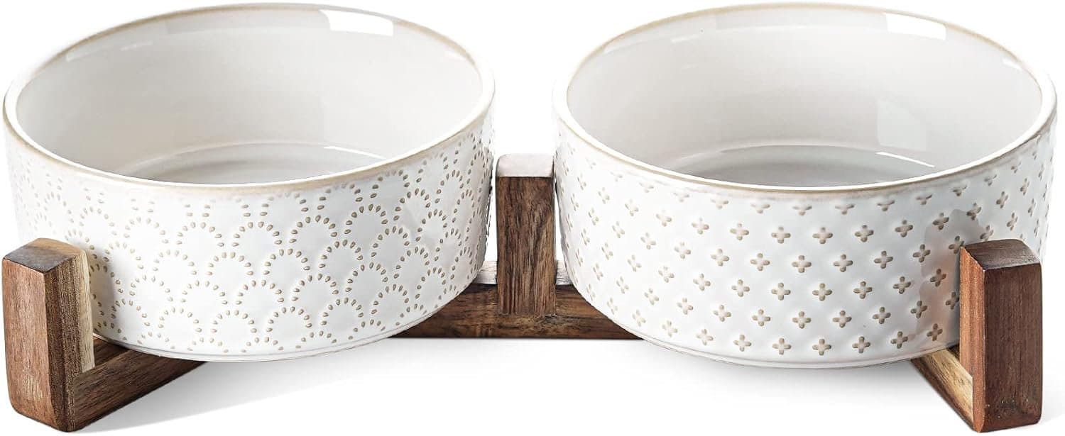 Le Tauci Ceramic Dog Bowls with Wooden Stand (Lines & Dots)