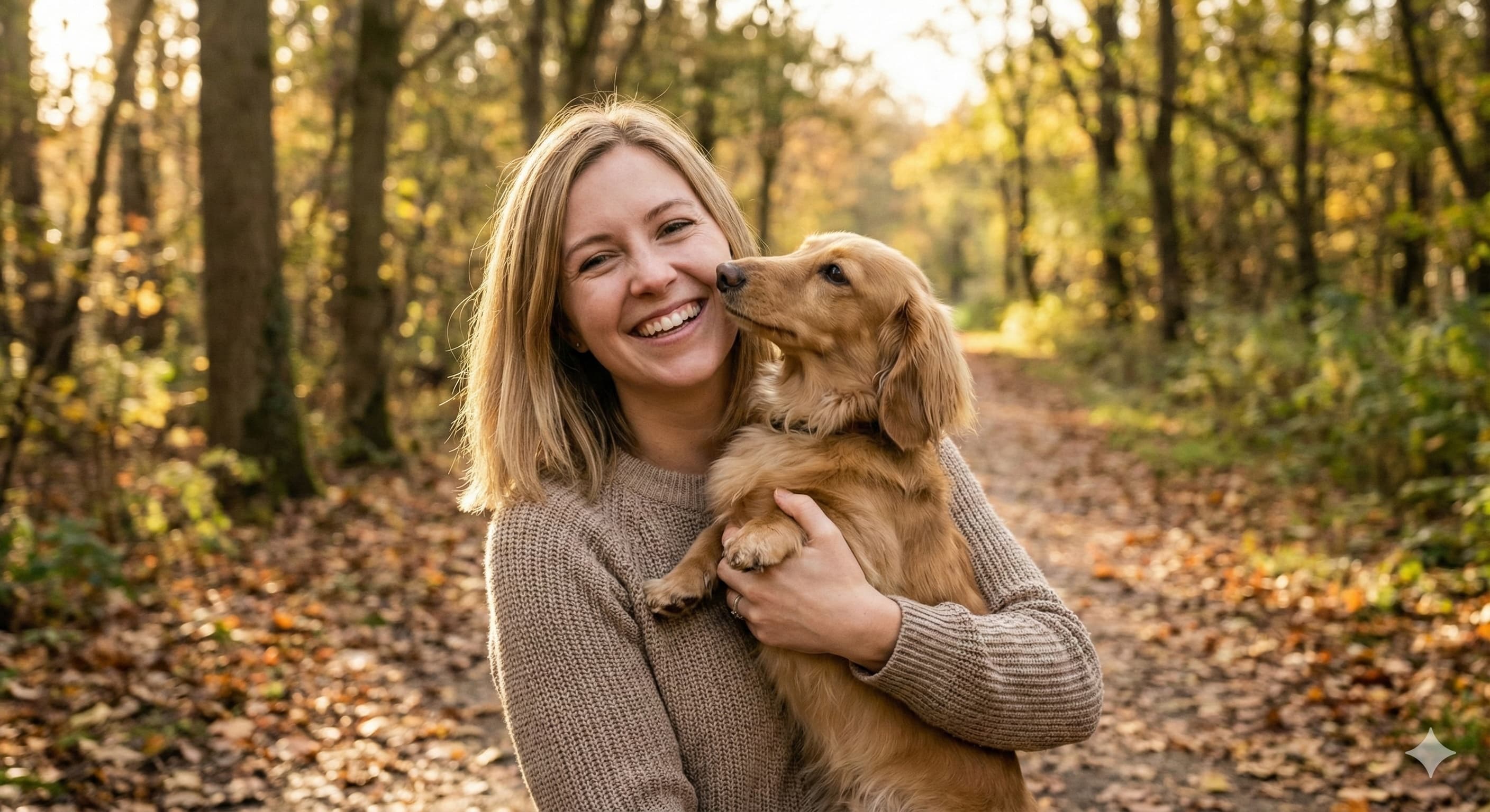 Smiling woman holding a light brown long-haired dachshund in a forest during autumn, with fallen leaves on the path and warm golden sunlight in the background.